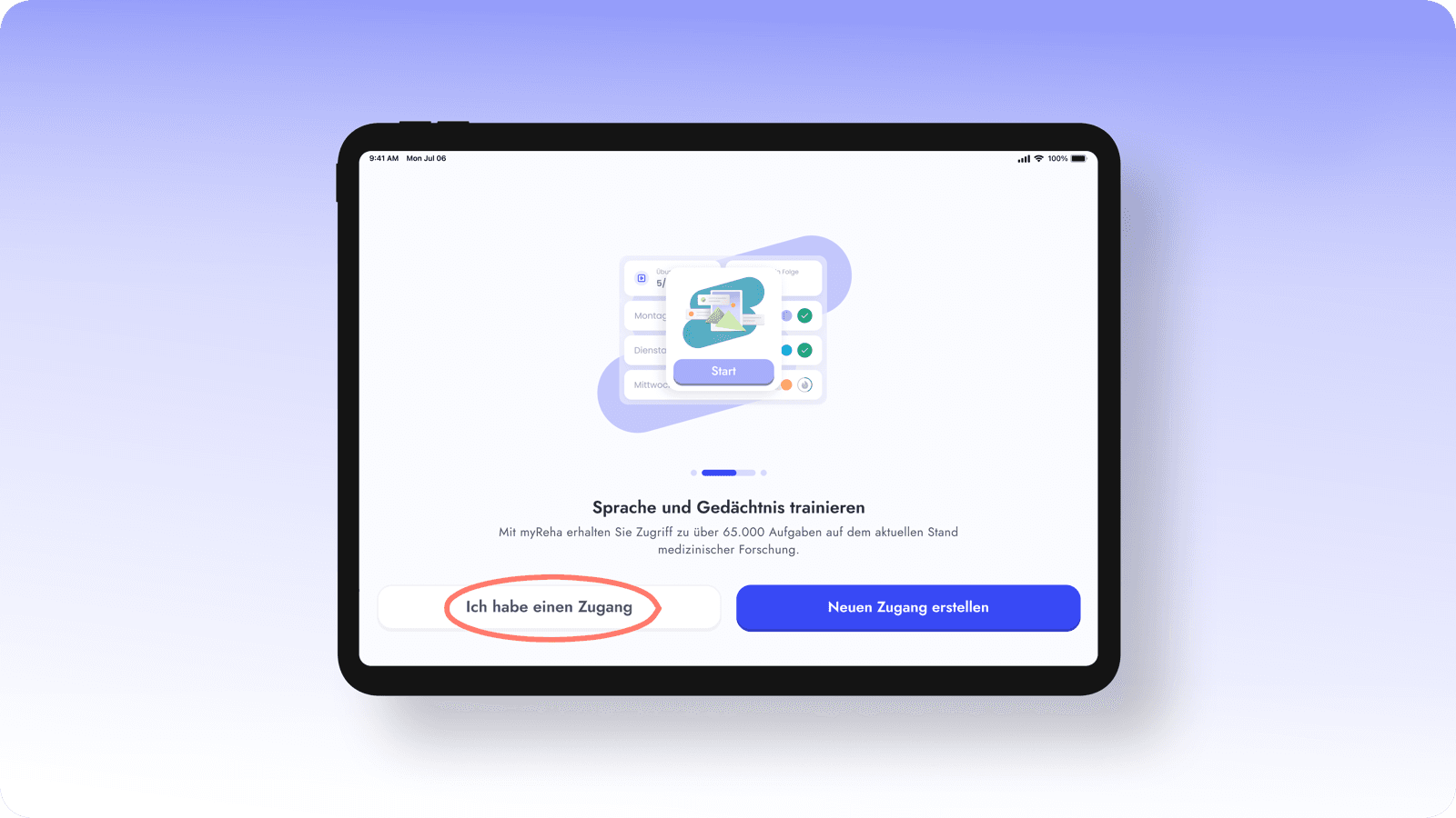 Startbildschirm der myReha App mit der Option „Ich habe einen Zugang“