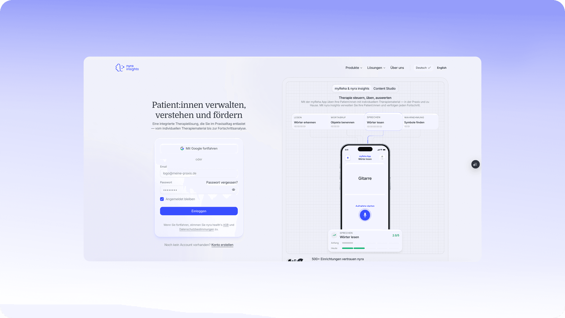 Anmeldeseite von nyra Insights