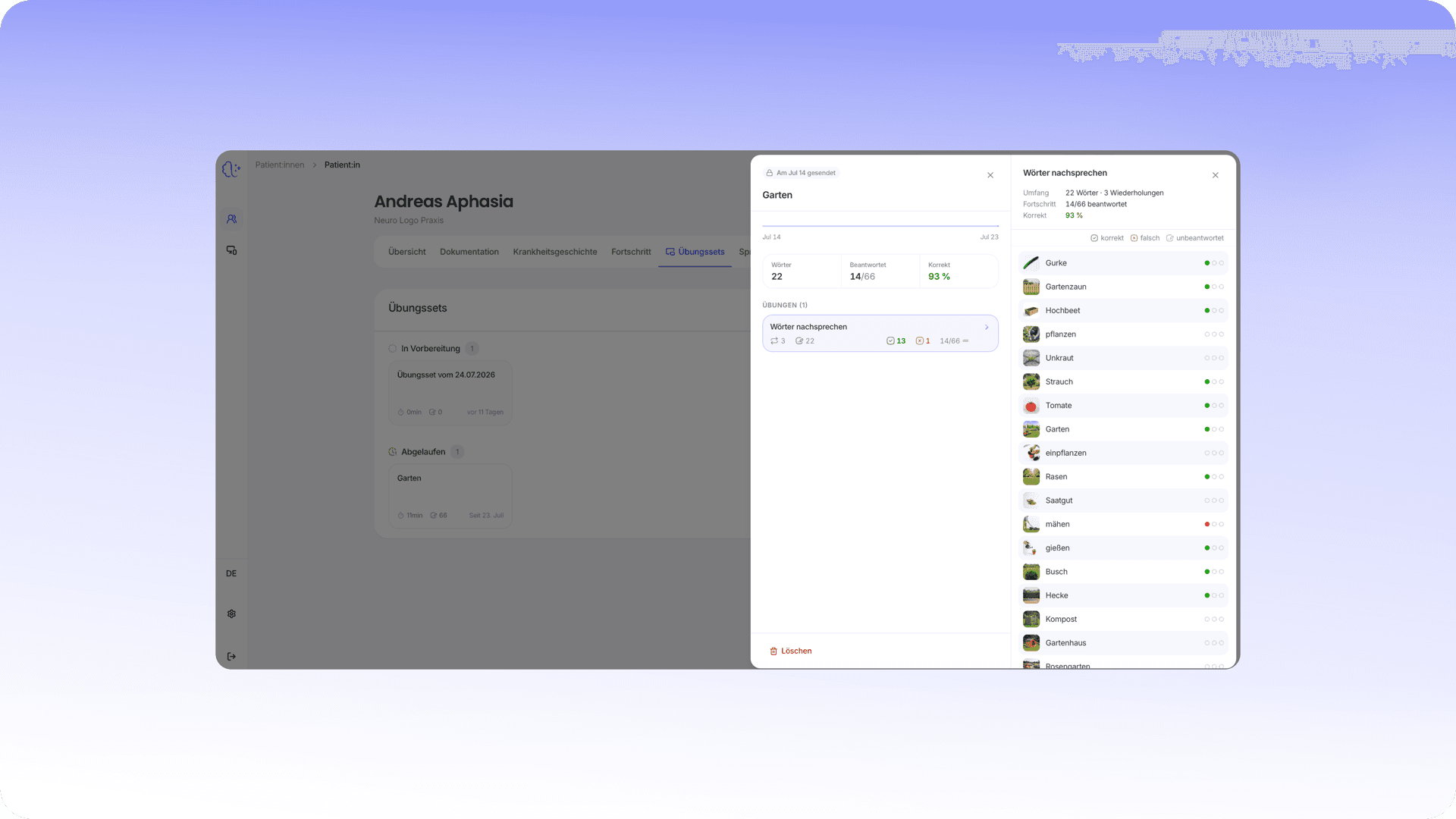 Detailansicht eines Übungssets in nyra Insights