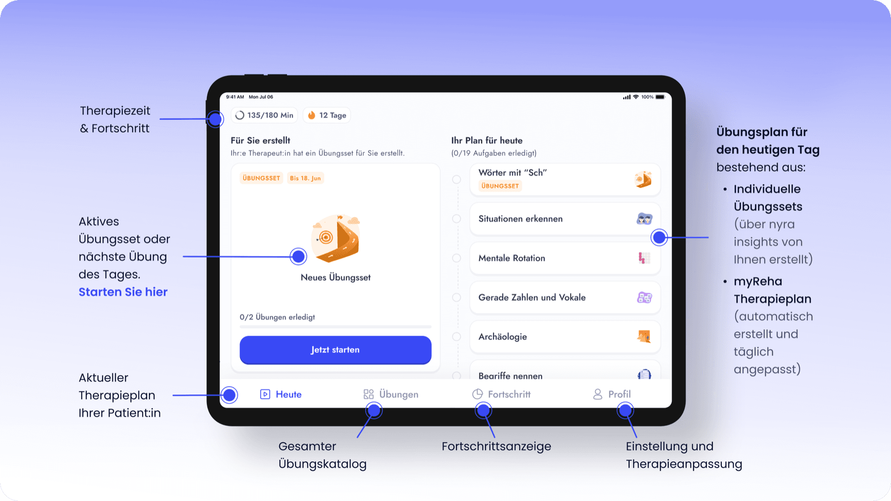 Aufbau der myReha App mit der unteren Navigationsleiste