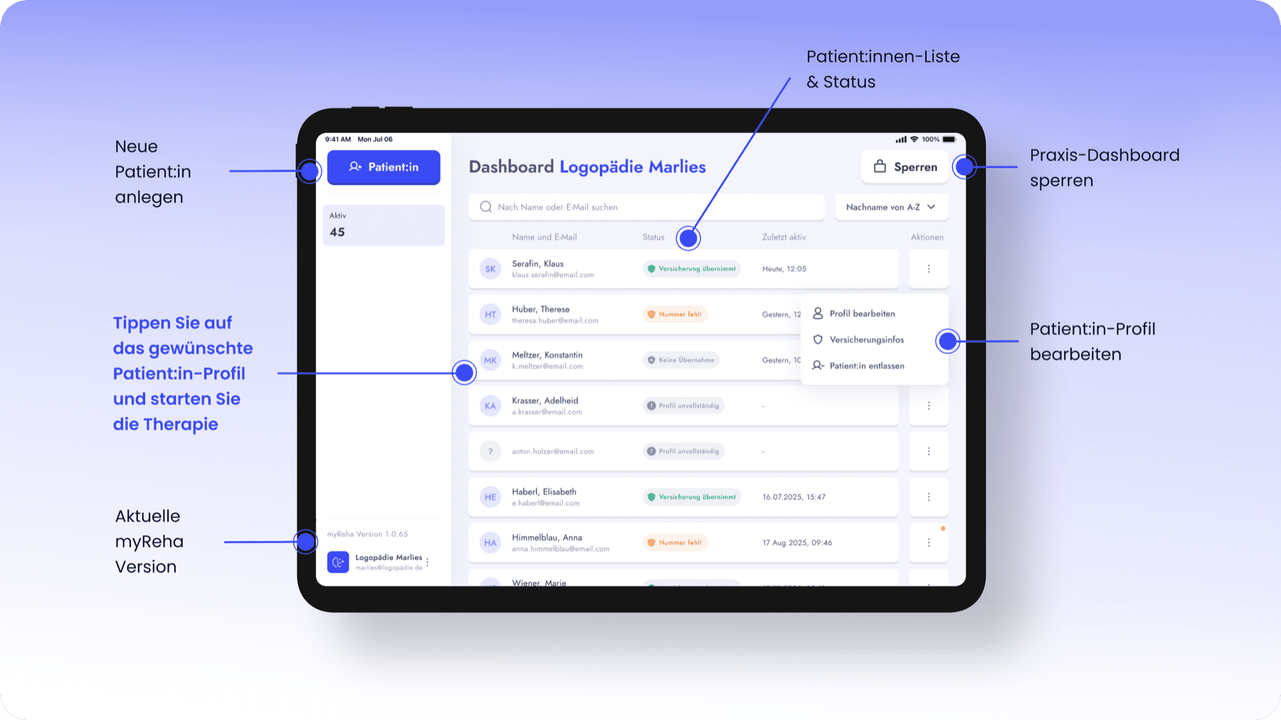 myReha Praxis-Dashboard mit Patient:innen-Liste