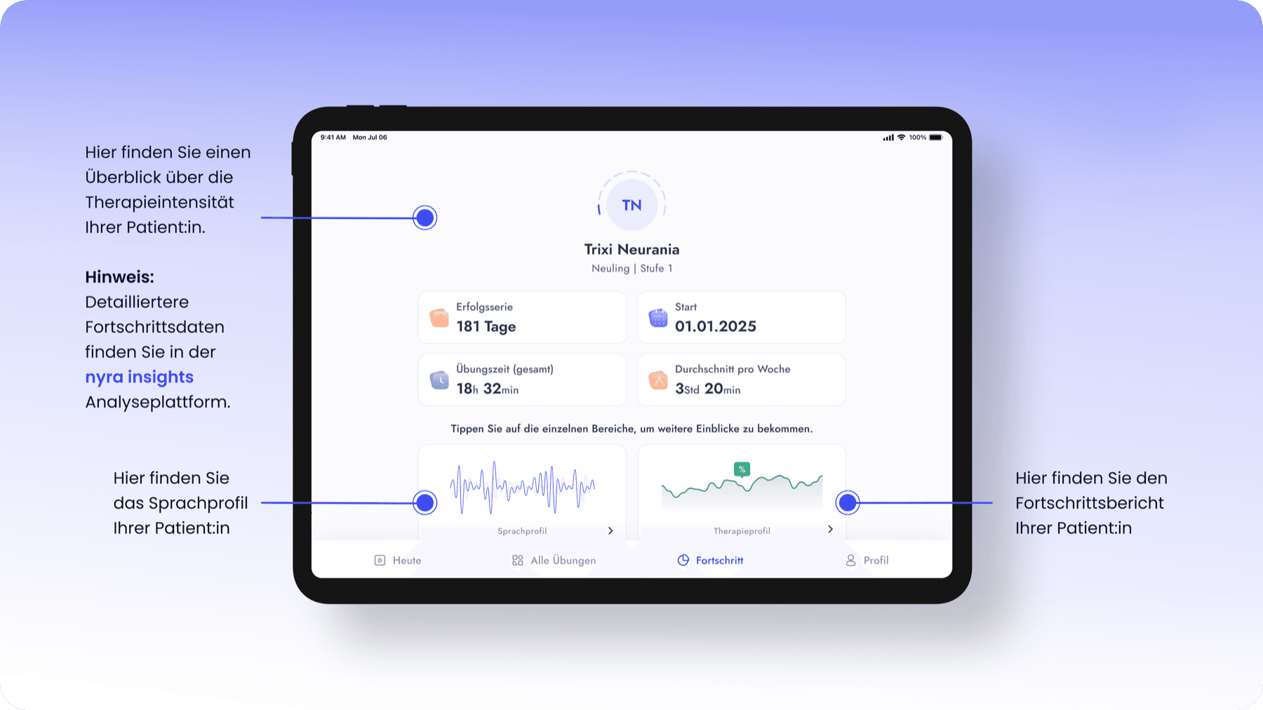 Fortschritts- und Sprachprofil-Ansicht in der myReha App