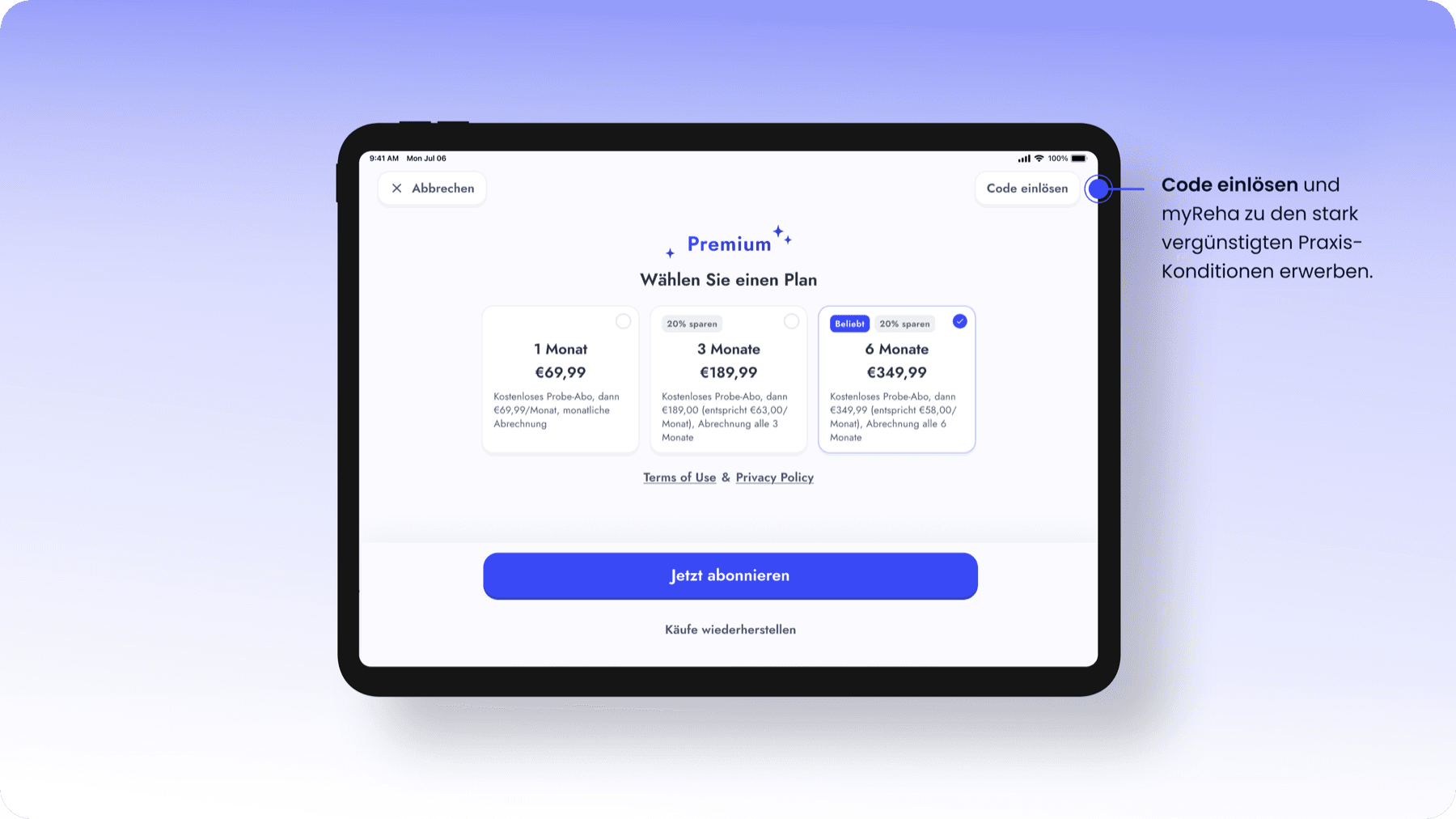Rabattcode in der myReha App unter „Profil“ einlösen